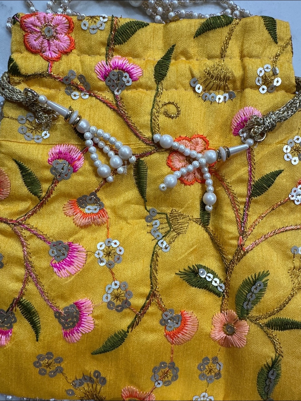 Yellow Floral Embroidered Indian potli Bag - Picture 10 of 10